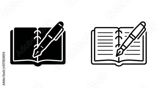 Foto Journaling icons with pen: A set of two icons representing a journal with a pen poised to write, one in solid black and the other as a line art outline, symbolizing writing, planning, or note-taking