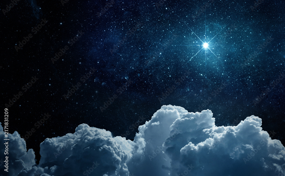 Fototapeta premium Panoramic view of the night sky, cloud and big star. Evening cloud on starry sky moonlight background. Elements of this image furnished by NASA.
