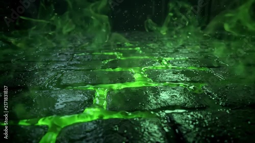 Cinematic 4K Glowing Green Toxic Slime Flowing through Wet Dark Cobblestone Street with Eerie Rising Vapor and Spooky Atmosphere Seamless Loop