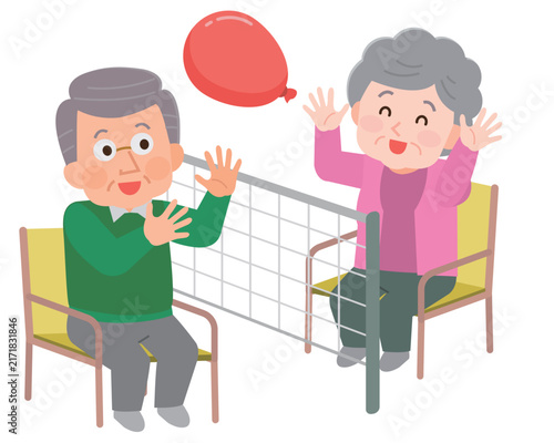 風船バレーをする高齢男性と高齢女性　イラスト