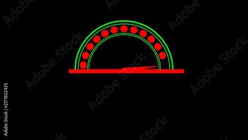 Fotografía Red needle on a semicircular gauge with green outline and red dots on a red base