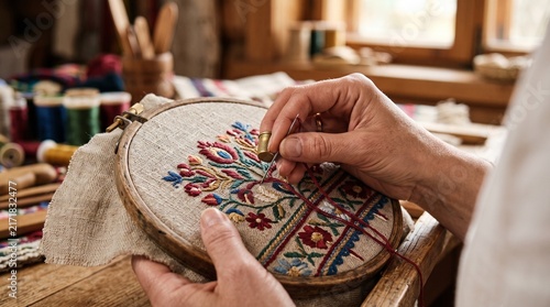 Obraz na płótnie Elderly person embroidering traditional textile with colorful thread