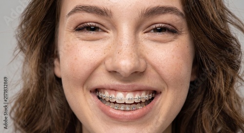 Extreme close-up of a young woman's face, focusing on her bright smile with metal and colorful braces. Her brown eyes, freckles, and happy expression fill the frame.