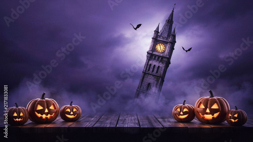 Halloween Jack-O-Lanterns with Crooked Clock Tower on Purple Misty Background