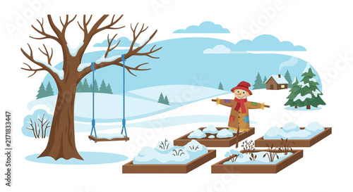 Foto Winter scene with a scarecrow swing and snow covered garden beds