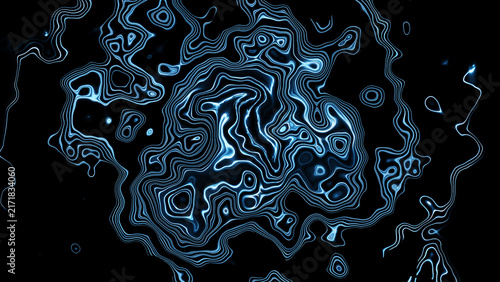 Abstract Blue Topographic Lines Glowing on Black Background image photo