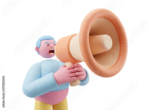 3D claymorphism character shouting into a giant megaphone, public announcement and marketing concept, isolated on transparent background