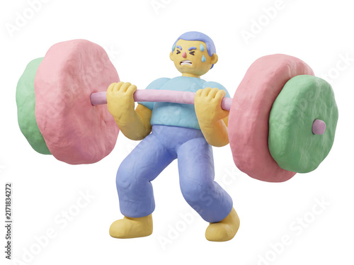 3D claymorphism character sweating and struggling to lift a heavy barbell, fitness and hard work concept, isolated on transparent background