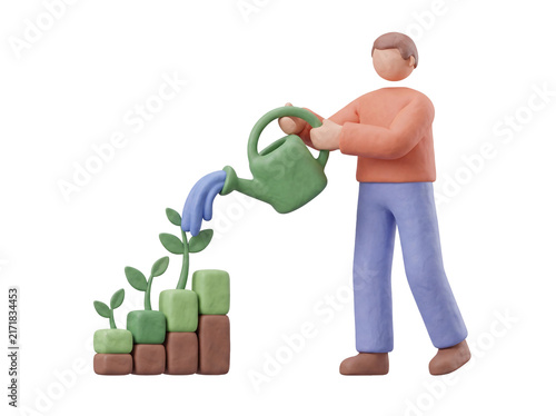 3D claymorphism character watering growing plants on a bar chart with a watering can, business investment and financial growth concept, isolated on transparent background