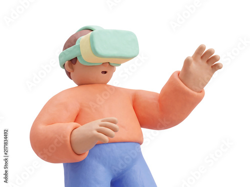 3D claymorphism character wearing virtual reality VR headset interacting in metaverse, technology concept, isolated on transparent background