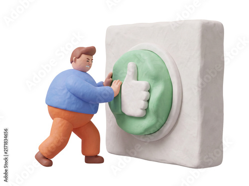 3D claymorphism character struggling to push a giant green thumbs up like button, social media engagement concept, isolated on transparent background