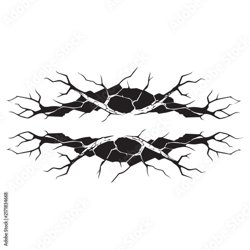 Cracked ground fracture hole texture split wall surface vector black silhouette.