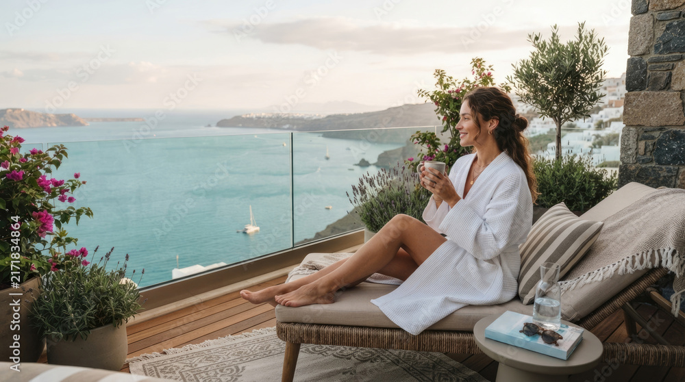 Fototapeta premium Relaxed Woman Drinking Morning Coffee on Scenic Mediterranean Seaside Terrace