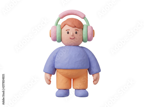 3D illustration of a claymorphism character wearing headphones, music listening and audio concept, isolated