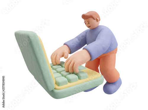 3D illustration of a claymorphism character typing on a giant laptop, remote work and programming concept, isolated