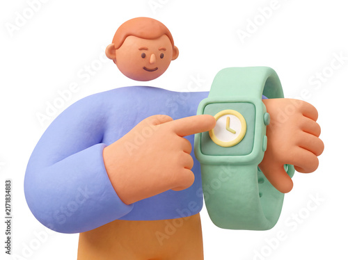 3D illustration of a claymorphism character pointing at a giant smartwatch, time management and wearable technology concept, isolated