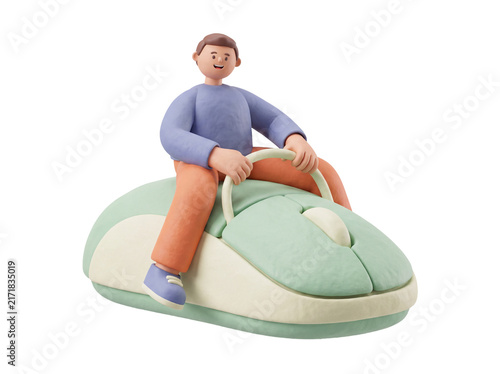 3D illustration of a claymorphism character driving a giant computer mouse, web surfing and internet navigation concept, isolated