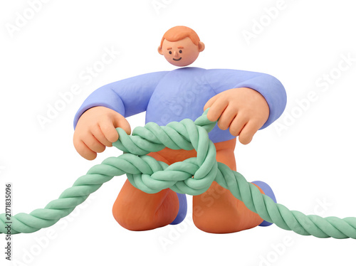3D claymorphism cartoon man tying a knot in a thick rope, connection and problem solving concept, transparent background