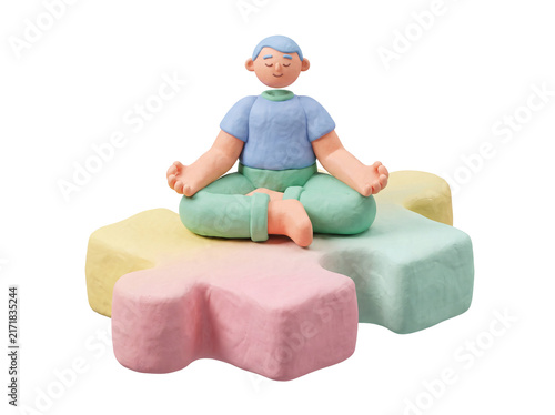 3D claymorphism cartoon man meditating on a giant puzzle piece, mindfulness and mental balance concept, transparent background