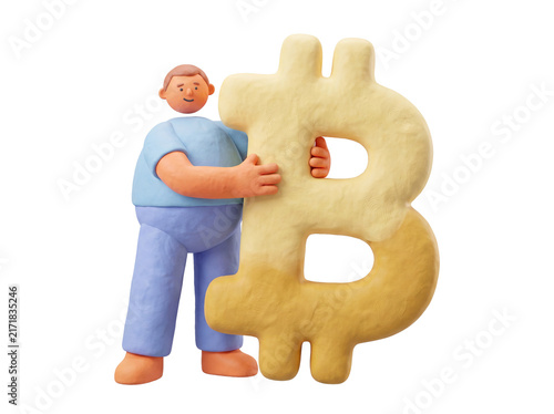 3D claymorphism cartoon man hugging a giant Bitcoin symbol, cryptocurrency investment concept, transparent background