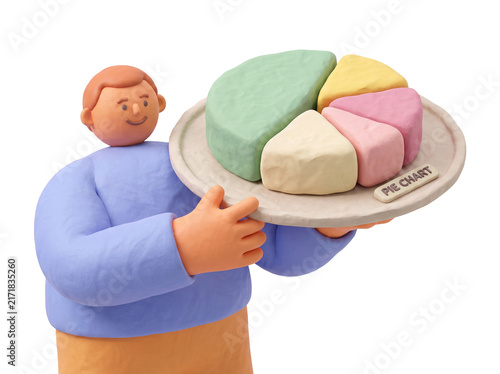 3D claymorphism cartoon man holding a pie chart on a tray, business analytics and data statistics concept, transparent background