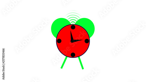 Cartoon alarm clock with red face and green bells ringing on white background image photo