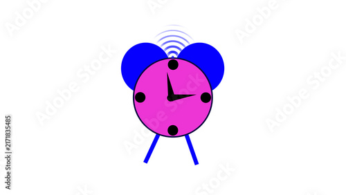 Cartoon alarm clock with pink face and blue bells ringing on white background image photo