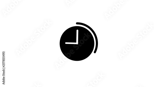 Simple black clock icon with hands pointing to 9o'clock on white background time symbol