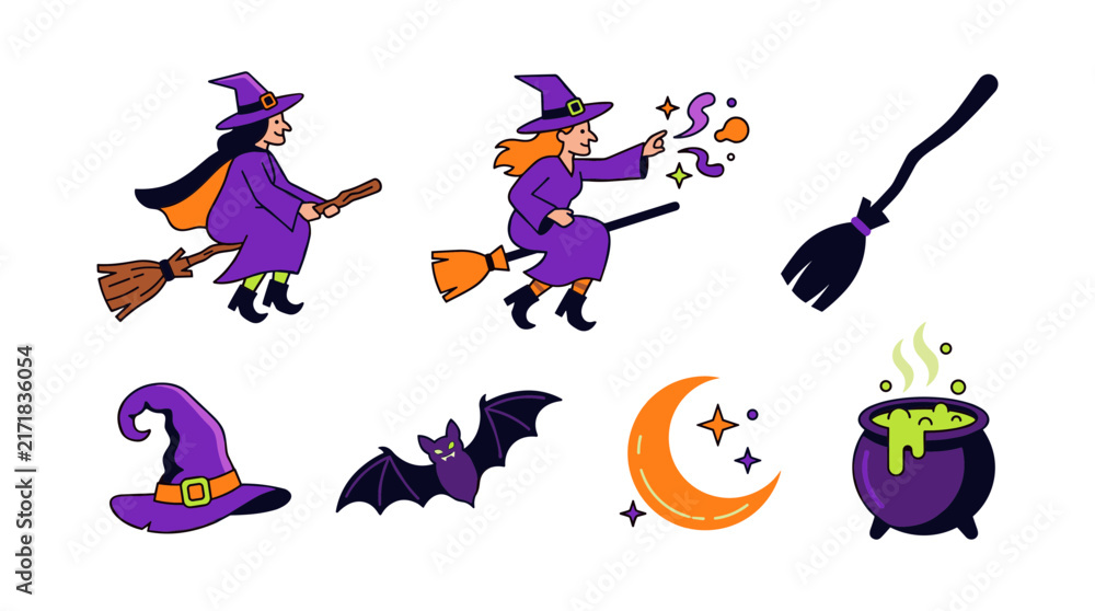 Obraz premium Witches Flying on Brooms with Magical Elements. Halloween Illustration with Bats, Crescent Moon, and Bubbling Cauldron.
