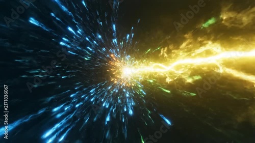 Abstract view of colorful light streaks and particles accelerating into a bright energy portal, creating a digital tunnel effect with motion blur.