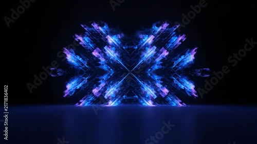 Abstract video featuring a glowing blue fractal shape made of particles. The form pulsates and expands in a dark environment, creating a futuristic and energetic visual.