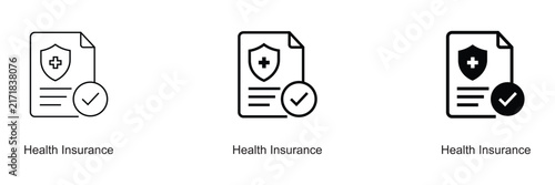 Set of health insurance document outline icons showing medical policy shield and approved check mark with medical security