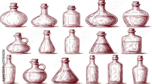 Vintage Engraving Glass Bottle Vector Set Featuring Hand Drawn Sketch Cruets Flasks Magic Potions and Alchemy Containers for Retro Logo and Packaging Design