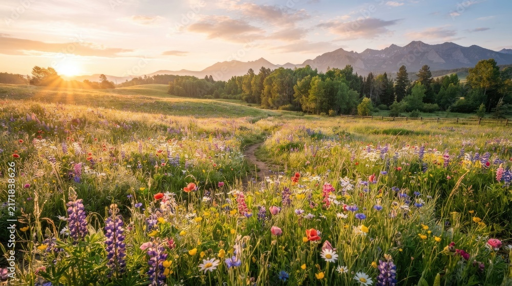 Obraz premium Blooming Wildflower Meadow with Mountain Range during Warm Summer Sunset