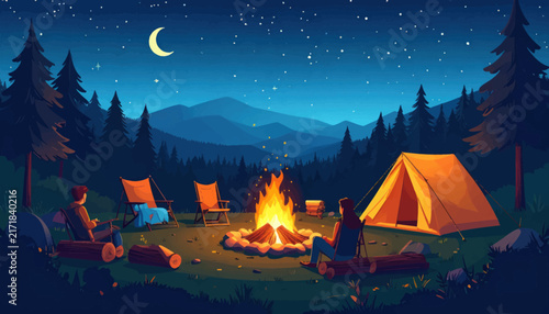 Night camping scene with tent and forest bonfire.
