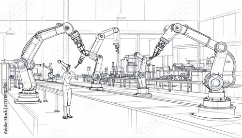 Industrial robotic arm automation factory line art illustration.