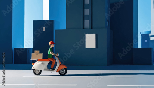 Delivery driver on scooter in city night street.