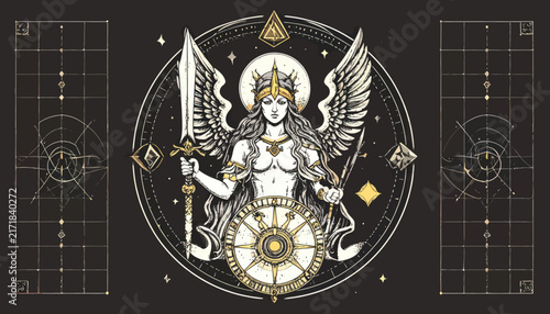 Mystical winged female warrior with sword and shield.