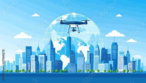 Modern drone flying over a smart city global network.