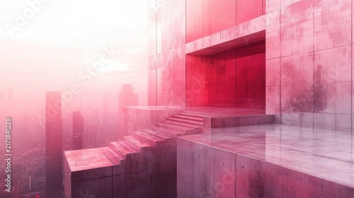Modern minimalist concrete building with stepped platform in urban environment