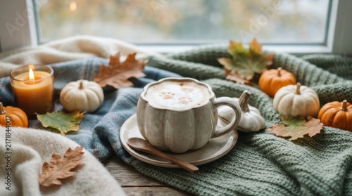 Autumnal Comfort: A warm cup of coffee, adorned with latte art, sits on a saucer amidst a cozy autumn arrangement of miniature pumpkins, fallen leaves, and a glowing candle.