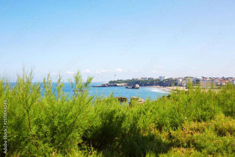 Fototapeta premium Panoramic View of the Biarritz Coastline and Lighthouse Framed by Lush Green Tamarisk Shrubs on a Clear Sunny Day, France