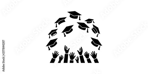 Quadro su tela Graduation caps thrown in air celebrating success and academic achievement