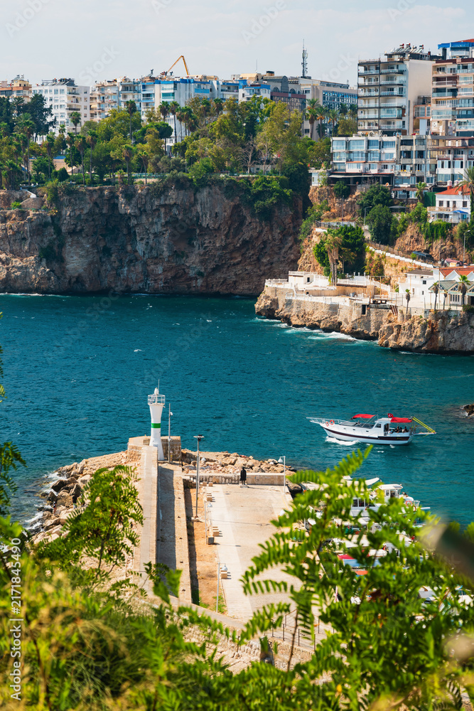 Fototapeta premium Vertical view of Kaleici Marina and Mediterranean waterfront in Antalya Turkey