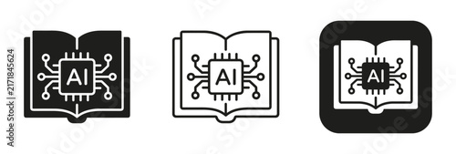AI Learning Book Icons: A set of three distinct icons depicting an open book integrated with a central microchip displaying 'AI', symbolizing artificial intelligence and knowledge acquisition.