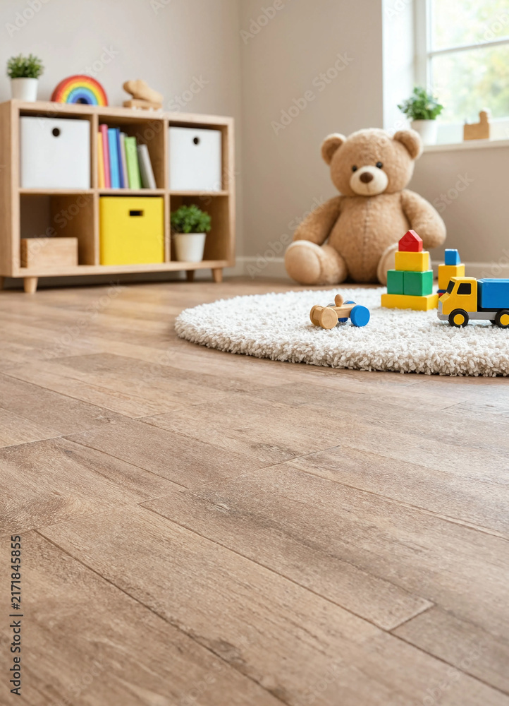 Naklejka premium Teddy bear, colorful wooden blocks, and toy truck sit on a soft rug in a bright children’s room with shelving and ample floor space.