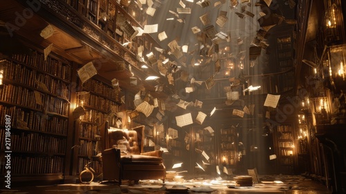 Mystical vintage library with flying papers, magical old book room with swirling pages, cinematic dark academia study