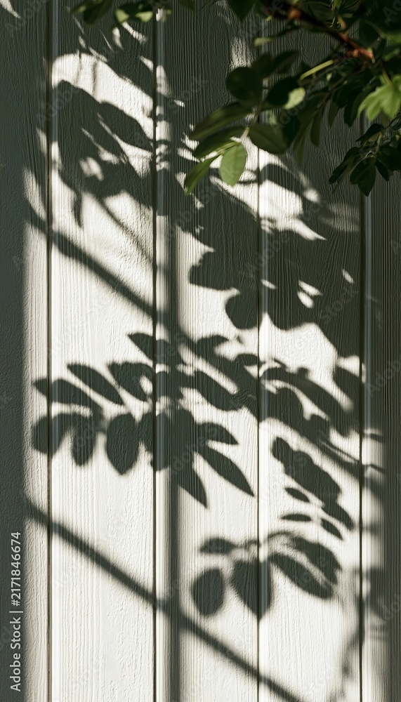 Naklejka premium Rustic Whitewashed Weathered Wood Planks With Romantic Dappled Foliage Shadows On Vertical Surface