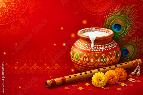 Vibrant Red Janmashtami Banner Backdrop With Earthen Butter Pot Wooden Flute Fresh Yellow Marigold Flowers Peacock Feathers Mandalas And Sparkling Light Flares