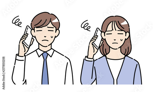 スマホで通話しながらもやもやしている若い男女の会社員のイラストセット